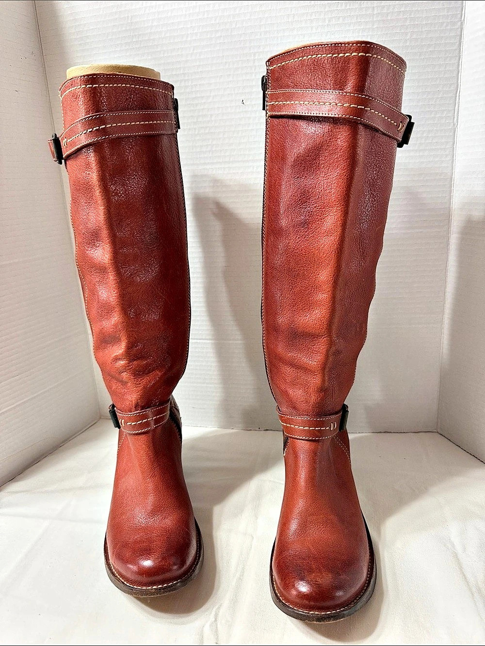 Frye Carmen Tall Cognac Leather Harness Riding Boots Sz 7.5B Buckles Block Heel